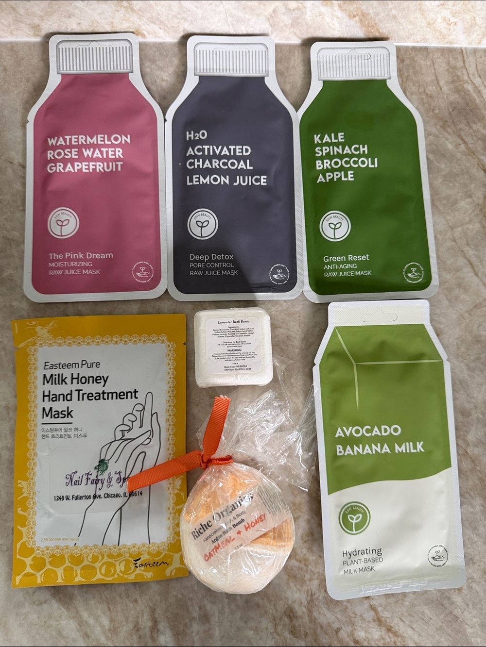 LOT OF 7 BRAND NEW FACE MASKS, HAND MASKS, & BATH BOMBS!